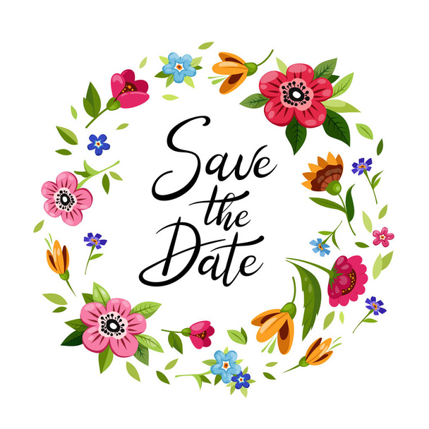 Wedding wreath Save the Date with colorful flowers - Вектор,изображение