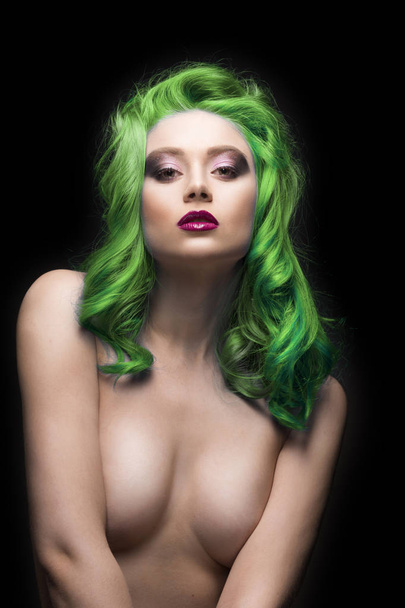 Sensual portain of beautiful dyed green colour hair topless cove - Фото, изображение