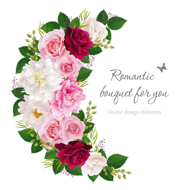 Romantický půlkruh věnec rám s růžové, bílé a červené růže, růžové a Bílé pivoňky. Lze použít jako pozvání na svatbu, narozeniny, poděkování, den svatého Valentýna a jiných svátků a letních pozadí. Vektorové ilustrace. EPS 10 - Vektor, obrázek