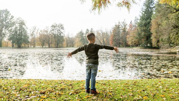 Młody dzieciak, ciesząc się jesienna pogoda - Zdjęcie, obraz