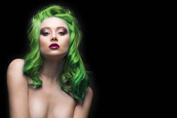 Sensual portrait of beautiful dyed green hair naked shoulders gi - Photo, image