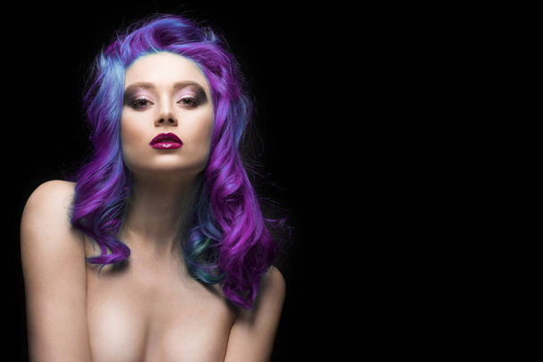 Sensual portrait of beautiful dyed violet multicolored hair nake - Fotoğraf, Görsel