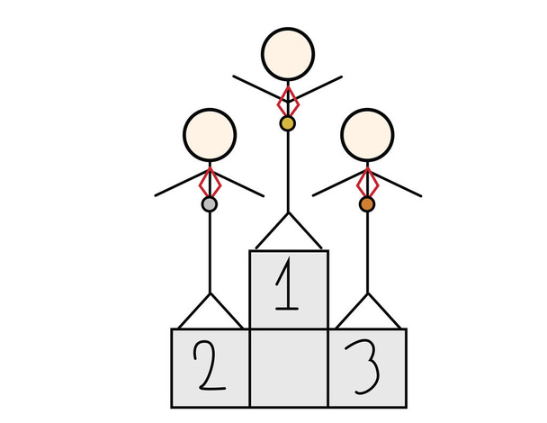 Three stickman figures with medals standing on a podium - Vector, Image