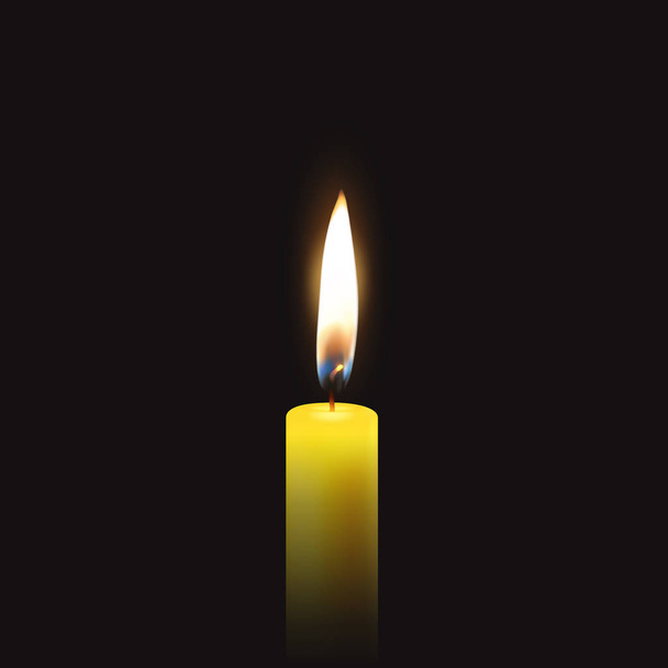 Cartão funerário vetorial com único 3d realista amarelo cera de parafina laranja queima vela closeup no fundo preto escuro. Modelo de design para gráficos
 - Vetor, Imagem