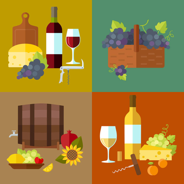 Vector wine banner set with vine, barrel, wine bottle, glass, corks, corkscrew, bunches of grapes, cutting board, cheese and fruits. Flat design - Vector, Image