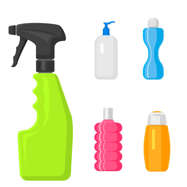 Bottles vector household chemicals supplies and cleaning housework plastic detergent liquid domestic fluid bottle cleaner pack illustration. - Wektor, obraz