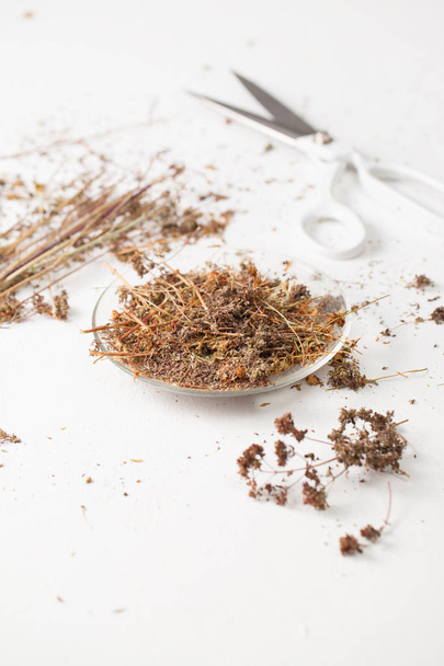 The dried herb oregano on a white table - Fotó, kép