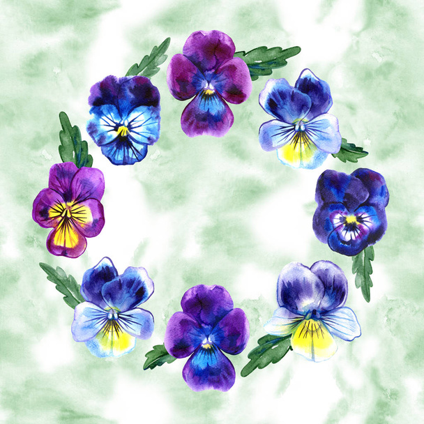 bouquet of violas pansy flowers on green background watercolor - Foto, Imagen