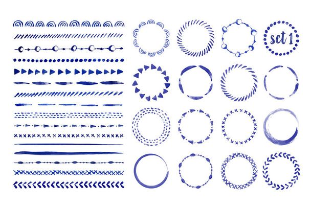 Set of seamless handdrawn watercolor brushes and frames with different patterns. Vector illustration. - Vector, Image
