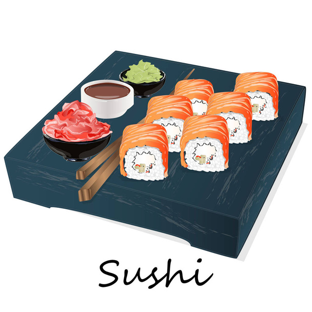 Ilustrace sushi roll s losos, krevety, avokádo, krém ch - Vektor, obrázek