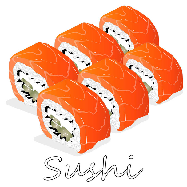 Εικονογράφηση της Φιλαδέλφεια ρολό σούσι με σολωμό, γαρίδες, avoc - Διάνυσμα, εικόνα