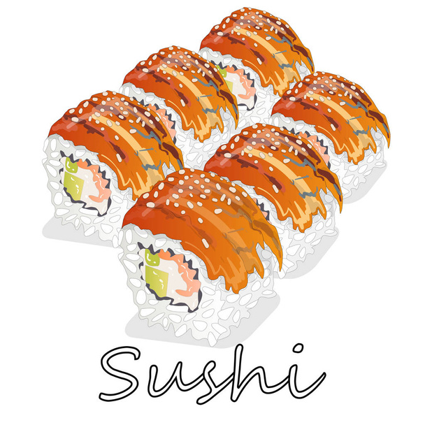 Illustration of philadelphia roll sushi with salmon, prawn, avoc - Vector, Image