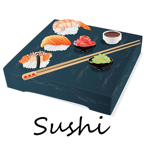 Ilustrace sushi roll s losos, krevety, avokádo, krém ch - Vektor, obrázek
