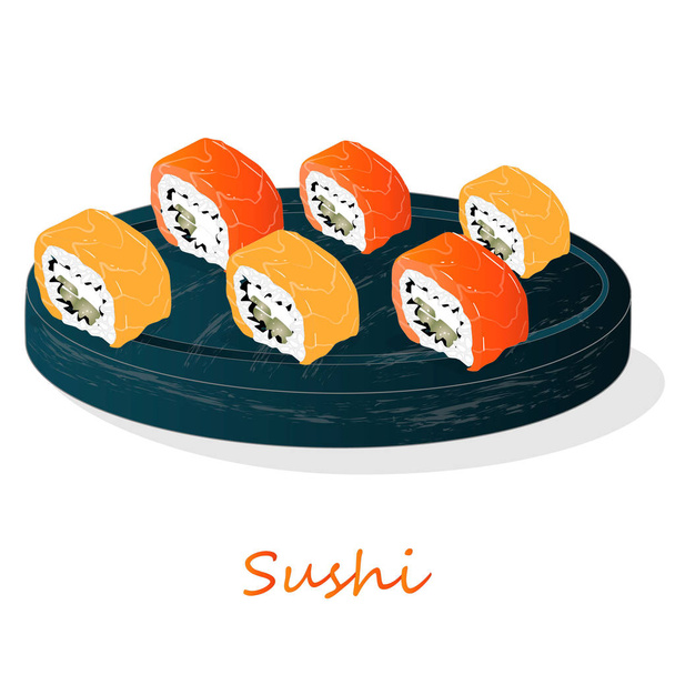 Ilustracja roll Sushi z łososiem, krewetka, awokado, krem ch - Wektor, obraz