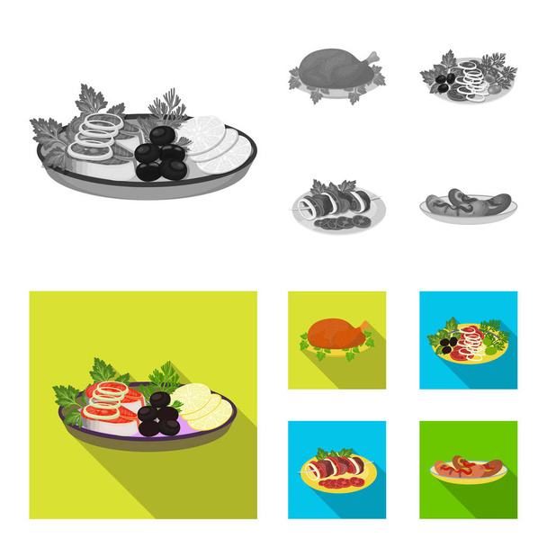 Жареная курица, овощной салат, шашлык с овощами, жареные сосиски на тарелке. Иконки коллекции продуктов питания и приготовления пищи в монохромной, плоской векторной паутине
. - Вектор,изображение