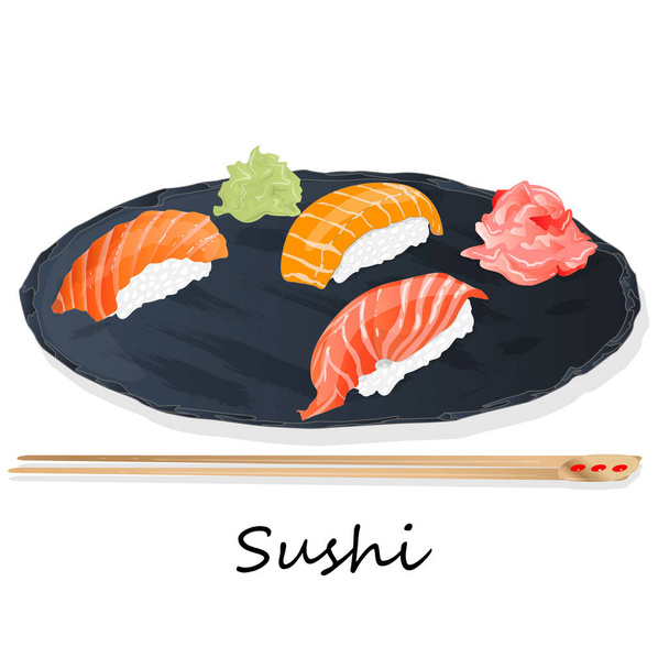 Εικονογράφηση ρολό σούσι με σολωμό, γαρίδες, αβοκάντο, κρέμα ch - Διάνυσμα, εικόνα