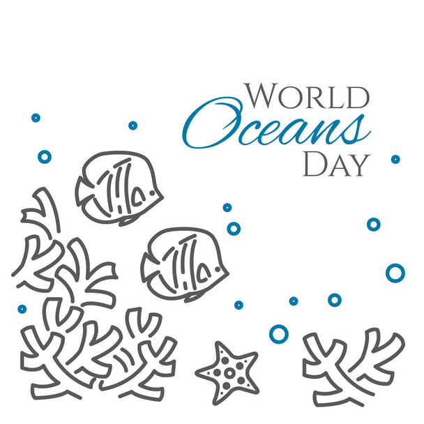 Világ óceánok nap banner hal, tengeri csillag és korallok vonalstílus elszigetelt fehér background. - Vektor, kép
