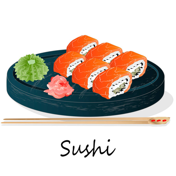 Ilustración de sushi en rollo con salmón, gambas, aguacate, nata
 - Vector, Imagen