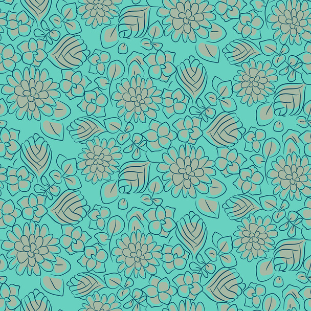 Handdrawn flower dense turquoise line seamless pattern. - Вектор,изображение
