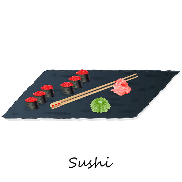 Εικονογράφηση ρολό σούσι με σολωμό, γαρίδες, αβοκάντο, κρέμα ch - Διάνυσμα, εικόνα