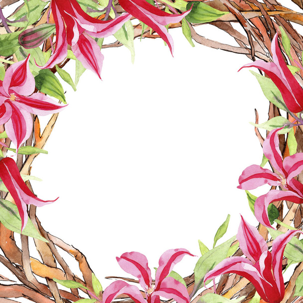Rote Klematis. Blütenbotanische Blume. wildes Frühlingsblatt Wildblumenrahmen. - Foto, Bild