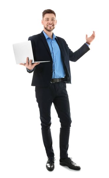 Male teacher with laptop on white background - Zdjęcie, obraz