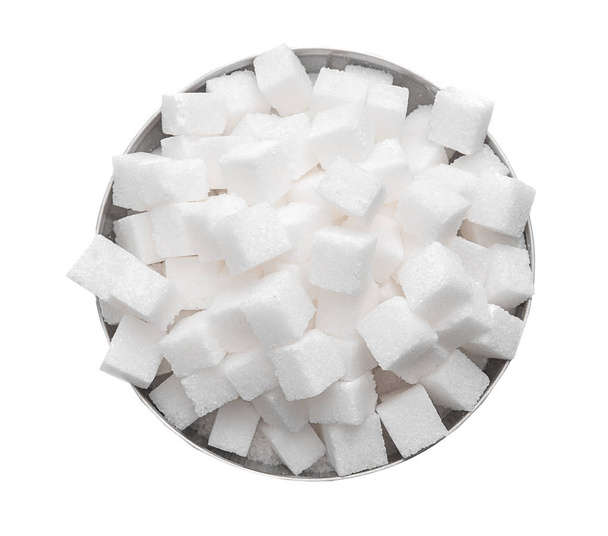 Refined sugar cubes in bowl on white background, top view - Zdjęcie, obraz