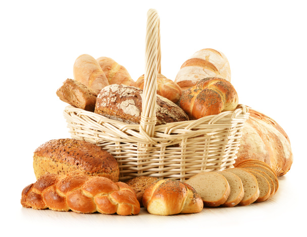 Összetétel fehér alapon izolált kenyérrel és tekercsekkel - Fotó, kép