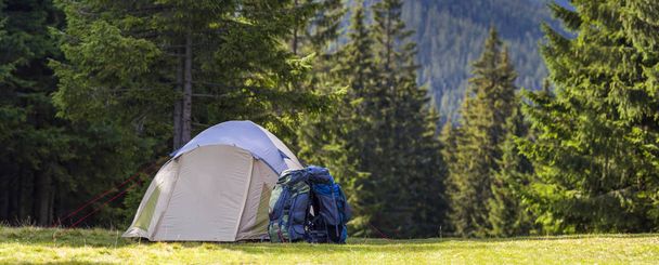 Tourist camp on green meadow with fresh grass in Carpathian mountains forest. Hikers tent and backpacks at camping site. Active lifestyle, outdoor activity, vacation, sports and recreation concept. - Photo, Image