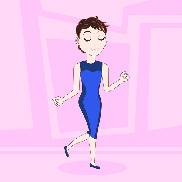 Cartoon Woman In Elegant Dress Funny Dancing Over Abstract Pink Background - Vektor, kép