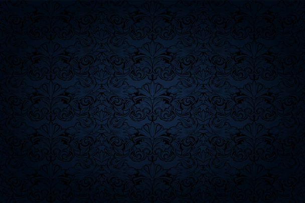vintage Gothic background in dark blue and black with a classic Baroque pattern, Rococo - Vector, Image