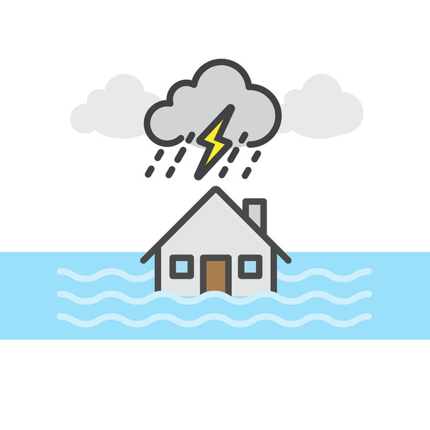 Deštěm, bouří a záplav, dům povodeň, přírodní katastrofy koncept, V - Vektor, obrázek