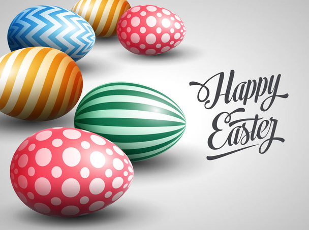Easter greeting card with realistic decorated eggs on white background - Διάνυσμα, εικόνα