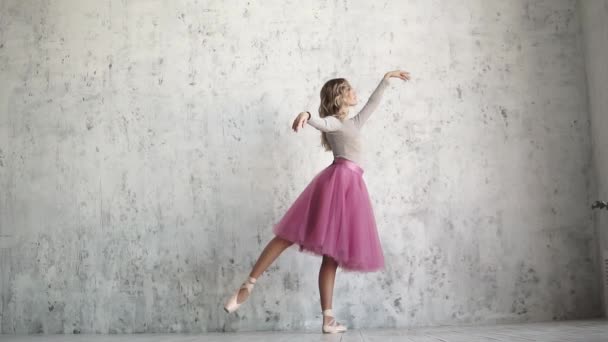 una ballerina di balletto in scarpe da punta e un classico tutù solleva con grazia la gamba
. - Filmati, video