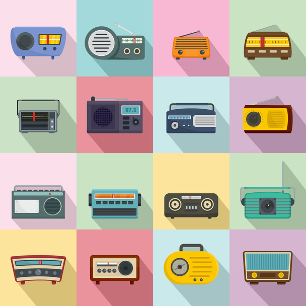 Radio music old device icons set, flat style - Vector, imagen