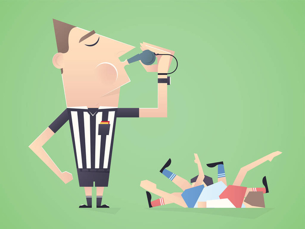 Soccer / Football Referee Blows Into Whistle Over Fallen Players - Vector, Image