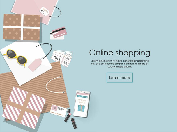 Online αγορές. Τσάντες για ψώνια και άλλες απομονωμένες σε μπλε φόντο Illusrtation διάνυσμα - Διάνυσμα, εικόνα