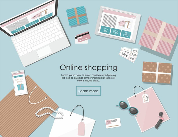 Online vásárlás. Bevásárló táskák és kiegészítők elszigetelt kék háttér Vector-Illusrtation - Vektor, kép