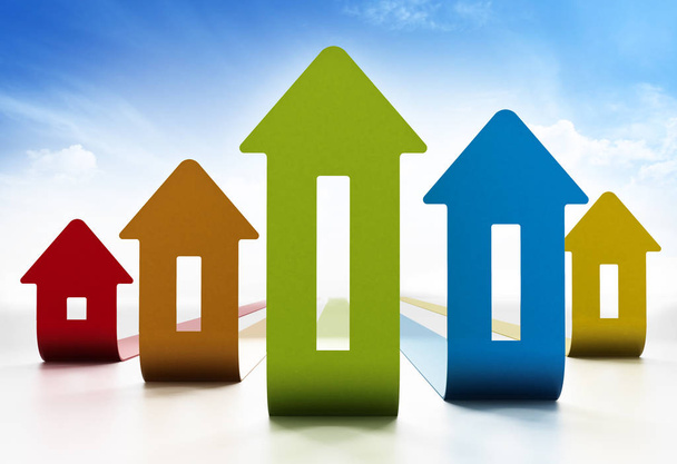 Rising house prices chart on white background. 3D illustration - Foto, imagen