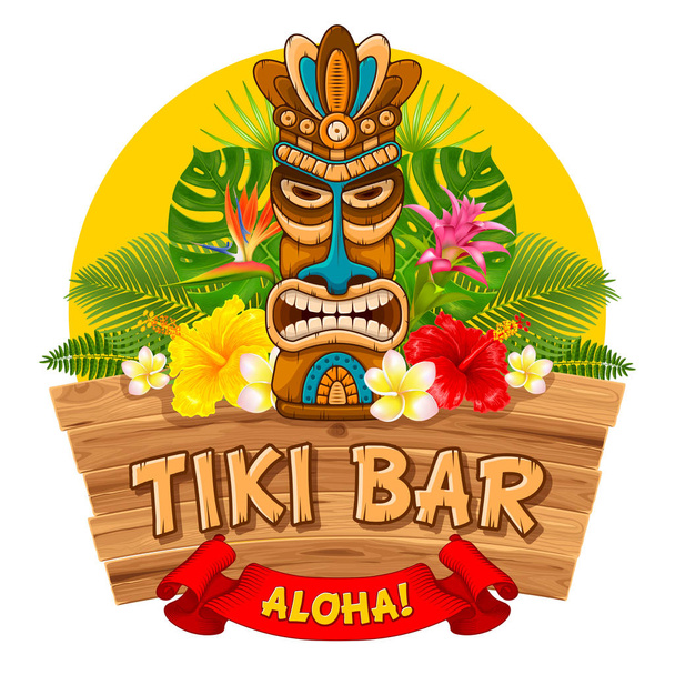 Wooden Tiki mask and signboard of bar - Vector, Image