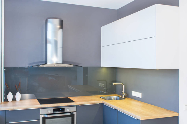 Moderní kuchyňský nábytek v interiéru bytu se dřevem. LED světla. Evropský, skandinávský styl. Malované šedé fasády. Panel skleněná zeď. Řízení projektu. Nemovitostí. Pronájmu. Prodej. - Fotografie, Obrázek