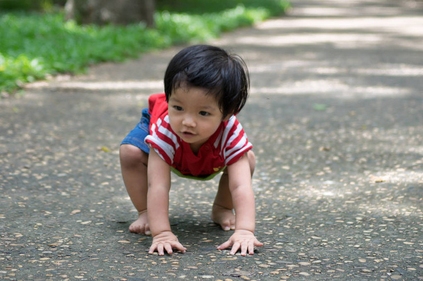 a baby girl start walking first on the park - Foto, Bild