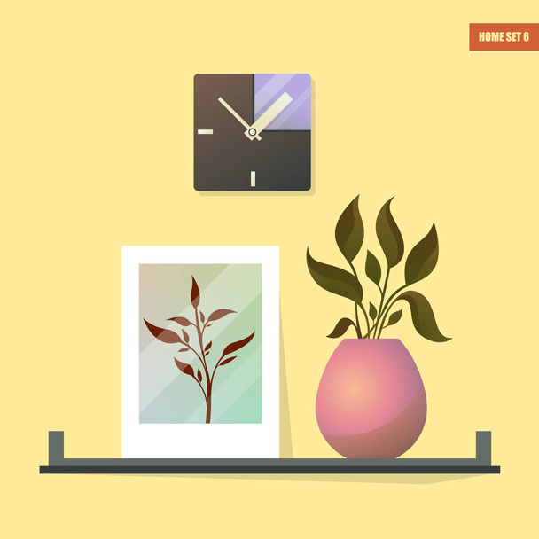 Красочный векторный набор домашних предметов интерьера. Часы, картинка и ваза с цветами на фоне желтой стены
 - Вектор,изображение