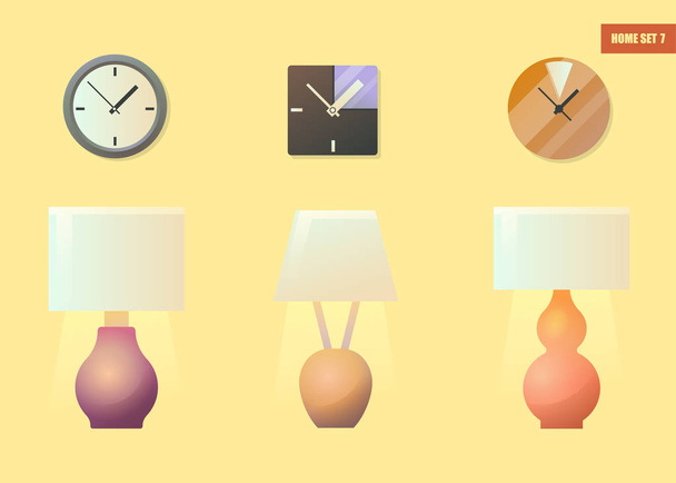 Kolorowe wektor zestaw domu wnętrza obiektów. Inne zegarki i lampy na żółtej ścianie - Wektor, obraz