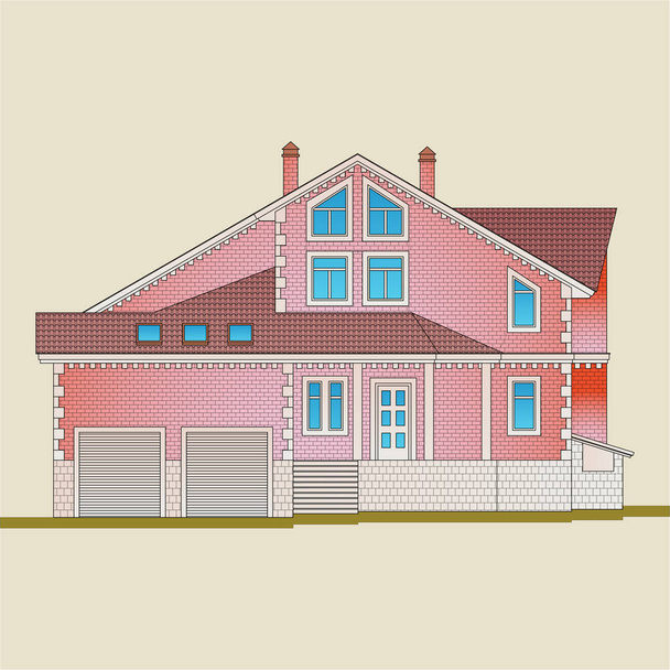 Dům je postaven z červených cihel a detaily s bílými kameny. Klasický styl architektury bytový dům. - Vektor, obrázek