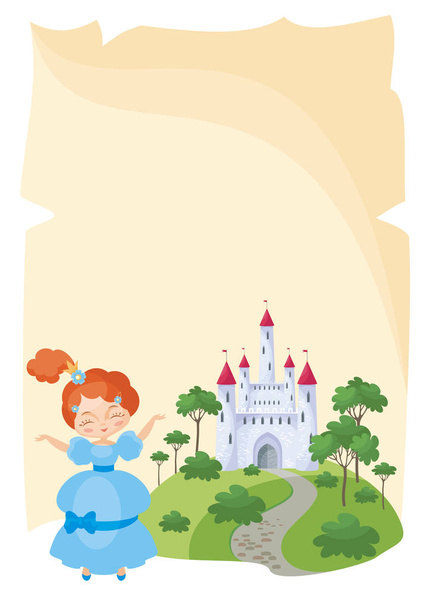 Barevné pozadí s obrázkem svitek pergamenu, Pohádkový hrad a krásná princezna. Vektorové ilustrace. - Vektor, obrázek