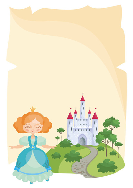 Colorful background with a picture of a parchment scroll, fairytale castle and a pretty Princess. Vector illustration. - Vector, Image
