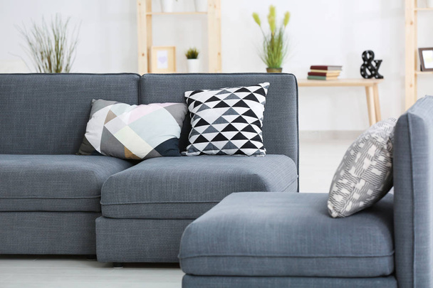 Modern grey sofa with different pillows in living room - Foto, imagen
