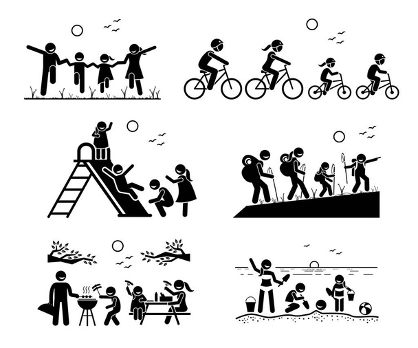 Családi kültéri szabadidős tevékenységeket. Pálcikaember piktogram ábrázolja a család, a park, lovaglás kerékpár együtt, játék, játszótér, túrázás, szabadtéri grill piknik és mulatnak a strandon. - Vektor, kép