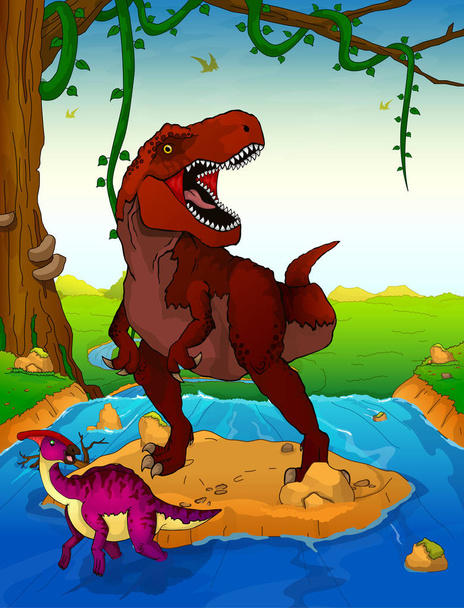 Tyrannosaurus op de achtergrond van een waterval. - Vector, afbeelding